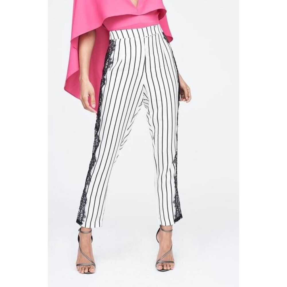 Lavish Alice Stripe Lace Insert Trouser Ivory Black Formal Pants US 4 NWT